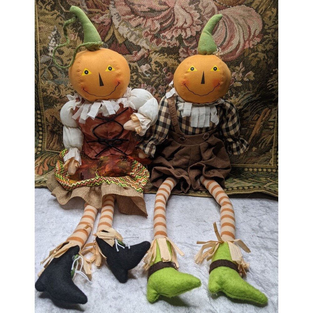 2 Primitive Style Mr Mrs Pumpkin Head Dolls Shelf Sitters Halloween Folk Art 25"
